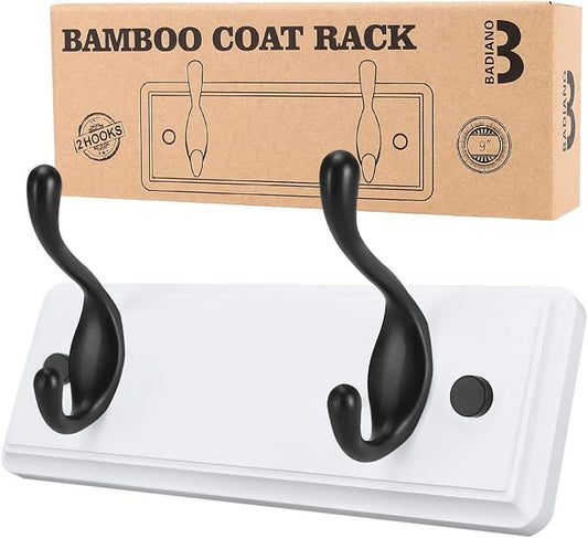 Badiano Wooden Coat Rack, Wall-Mounted Organizer for Closet, Entryway, Hallway, Foyer, Bedroom, Heavy Duty Double Hooks for Hanging Towels, Bags, Hats, Jackets, Key (WhiteBlack, 2 Hooks)