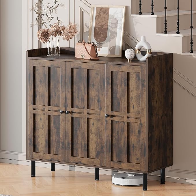 Shoe Storage Cabinet with 3 Doors, 8-Tier Shoe Cabinet with 5 Adjustable Shelves and Metal Legs, 40'' Tall Shoe Rack Organizer Cabinet for Entryway, Front Door, Rustic Brown