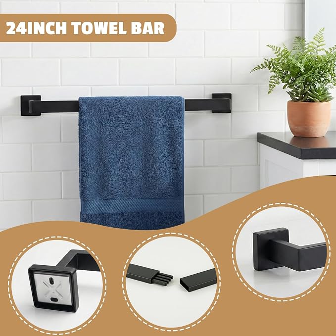 5-Pieces Matte Black Bathroom Accessories Set, 24 Inch Bath Towel Bar Set, SUS 304 Stainless Steel Bathroom Hardware Set, Towel Racks for Bathroom Wall Mounted
