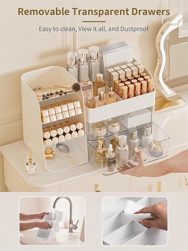 Booklov Small Makeup Organizer for Vanity Countertop, White | Clear Acrylic Cosmetic Display Case, Beauty Brush Holder for Bathroom Counter, Make Up Skincare Lipsticks Storage