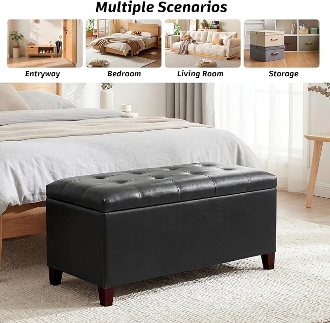 Joveco Storage Ottoman Bench, 33 Inches Faux Leather Rectangle Tufted Foot Stool for End Foot of Bed, Bedroom, Living Room, Black