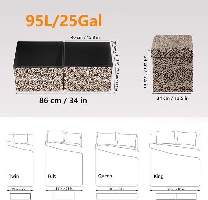 AmasSmile Footrest Ottoman Storage Bench, 34" Velvet Folding Stool,Leopard | Large Ottoman with Storage, Thicker Foam Padded Seat, Livingroom, Dorm, Bedroom, Entryway, Easy to install, 34 x 13 x 13in