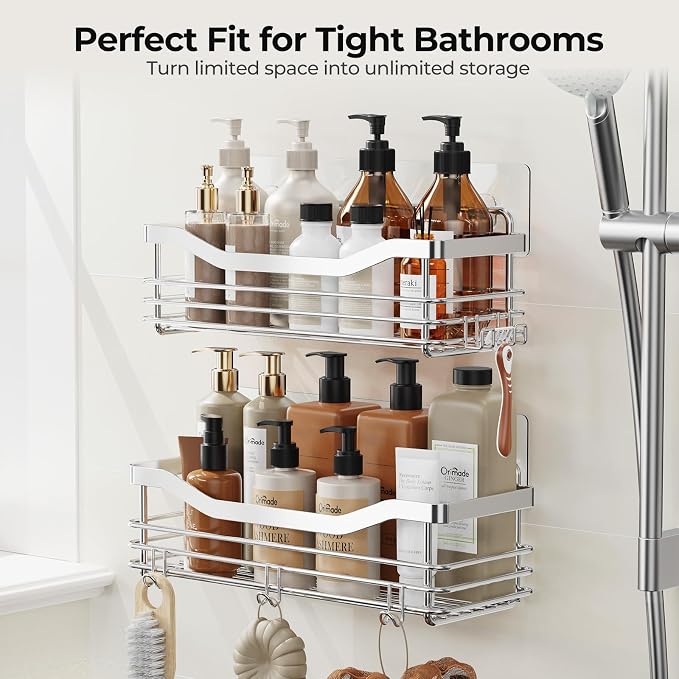 Orimade Shower Caddy Basket Shelf with 5 Hooks Adhesive Organizer Storage Rack Rust Resistant Wall Mounted Stainless Steel No Drilling for Bathroom, Toilet, Kitchen - 2 Pack
