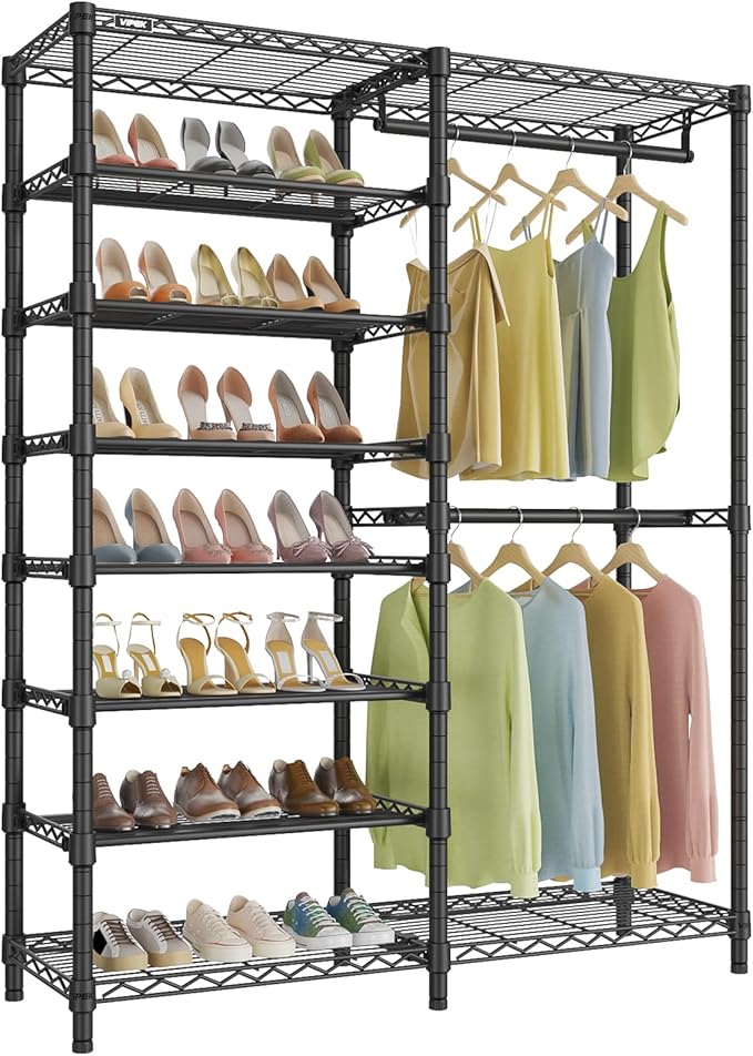 VIPEK S2 Clothes Rack with 8-Tier Shoe Rack, Metal Closet Rack, Black | Freestanding Clothing Rack with 2 Hanging Rods, Adjustable Shelves, Heavy Duty Walk-In Closet Organizer for Entryway/Bedroom