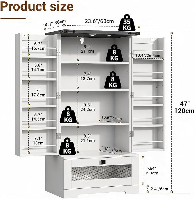 kepptory Farmhouse Pantry Cabinet with Barn Door & Adjustable Shelves, Freestanding Kitchen Storage Cabinet for Dining Room, Bathroom, Hallway (White)