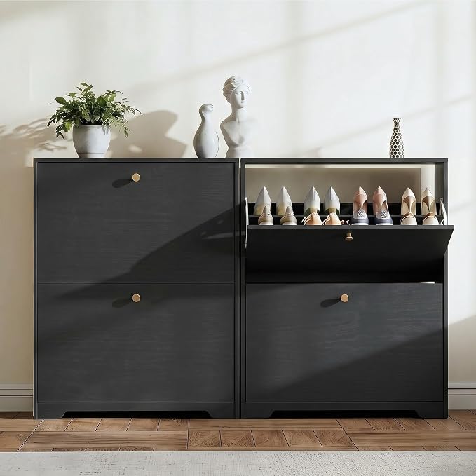 Nicetree Shoe Cabinet with 2 Flip Drawers, Entryway Shoes Organizer, Black | Narrow Shoe Organizer, Freestanding Shoe Rack Cabinet, Modern Shoe Storage Cabinet for Entryway, Hallway, Foyer, With Hook
