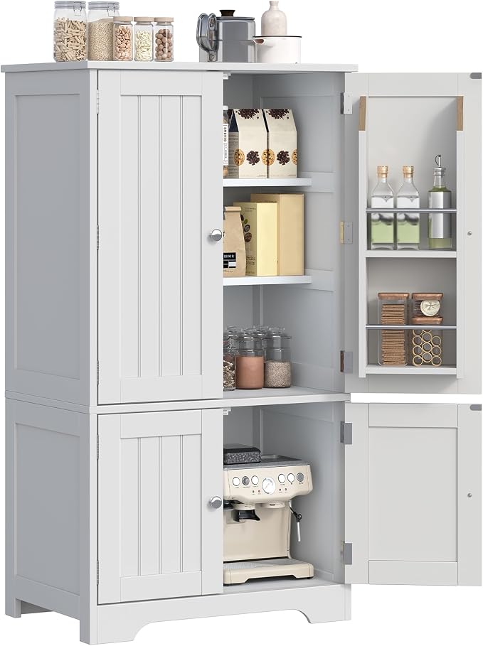 ChooChoo 43" H Pantry Cabinet with 4 Doors & 4 Door Shelves | Kitchen Cabinet, Kitchen Pantry Storage Cabinet for Living Room, for Dining Room, Bathroom, White