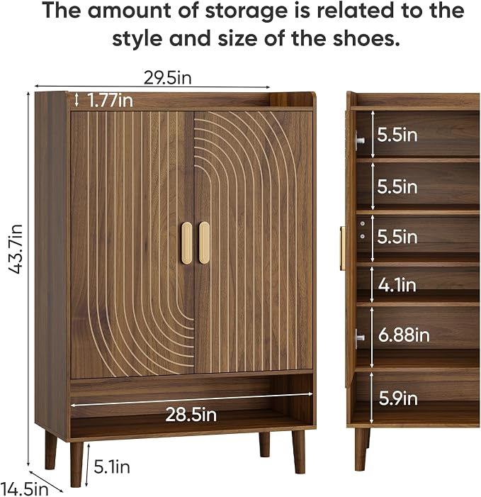 Smuxee Walnut Shoe Cabinet with Line Groove Design, 6-Tier Shoe Storage Cabinet with Adjustable Shelves, Freestanding Shoe Organizer Cabinet for Entryway, Hallway, Closet, Living Room