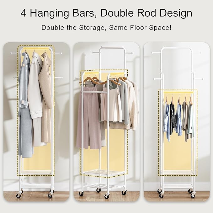 Small Clothing Rack with Wheels, Narrow Rolling Clothes Rack with 2 Shelves | Gasvadivum 71" Tall Sturdy Metal Garment Rack with 4 Hanging Rods & 4 Hooks, Portable Coat Rack for Bedroom, Bathroom, White
