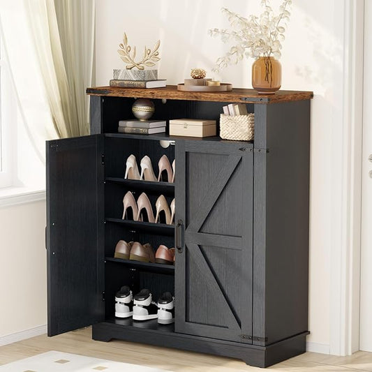ALLSTAND 6-Tier Shoe Cabinet with Doors, Entryway Shoe Rack Shoe Storage Cabinet with Adjustable Shelves & Anti-tip Fitting, Farmhouse Shoe Cabinet Storage for Entryway, Living Room, Closet, Black