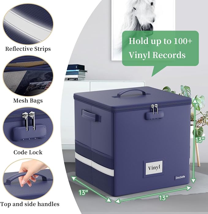 DocSafe Vinyl Record Storage Box with Lock,Fireproof Record Organizer Storage for 100+ Single Records(12-inch), Collapsible Storage Crate with Lid & Handles for Valuable Album Collection,Blue,2 Pack