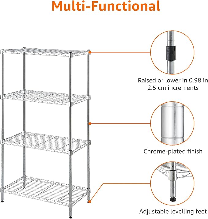 Amazon Basics 4-Shelf Adjustable Storage Shelving Unit for Garage, Steel Wire Rack, 200 Pound Loading Capacity per Shelf, 13.4"D x 23.2"W x 48"H, Chrome
