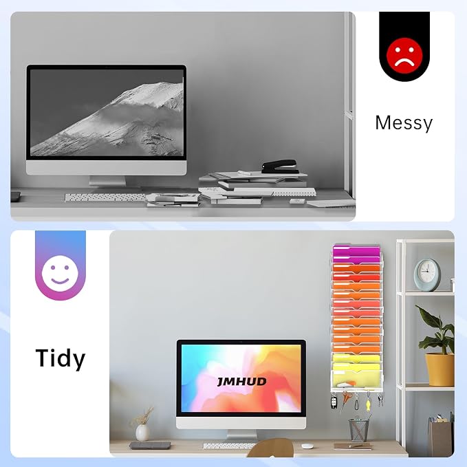 15-Tier Wall File Organizer with Base and Hooks, Hanging Organizer, White | Wall Organizer and Wall File Holder with 15 Vertical Pockets and Bottom Tray for Files, Mail, Folders, Magazines and Paper
