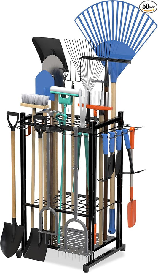 Sttoraboks Garden Tool Organizer Rack Up to 50 Tools, Heavy-Duty Steel Yard Tool Organizer for Garage Storage with 11 Hooks, Broom Holder & Garden Tool Rack for Shed, Patio, Outdoor Use, Black