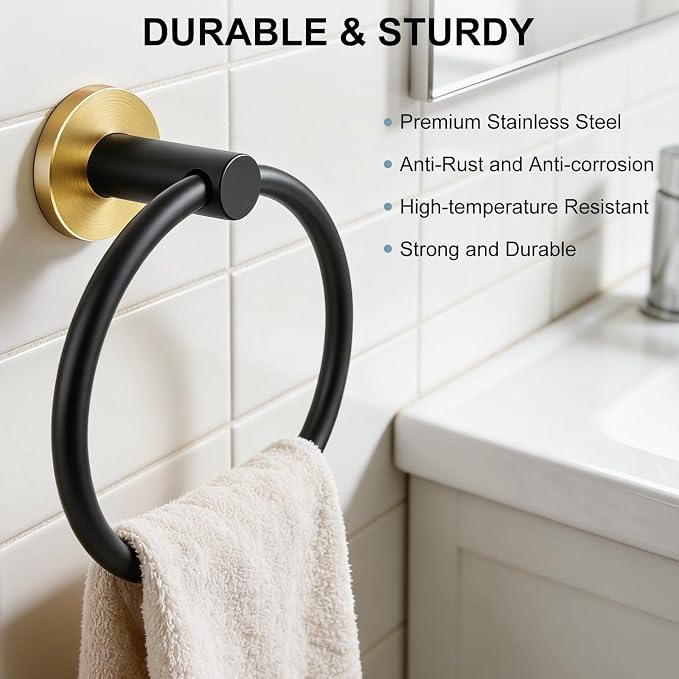 SetSail Towel Holder for Bathroom Wall Stainless Steel Hand Towel Ring Heavy Duty Towel Hanger for Bathroom, Black and Gold