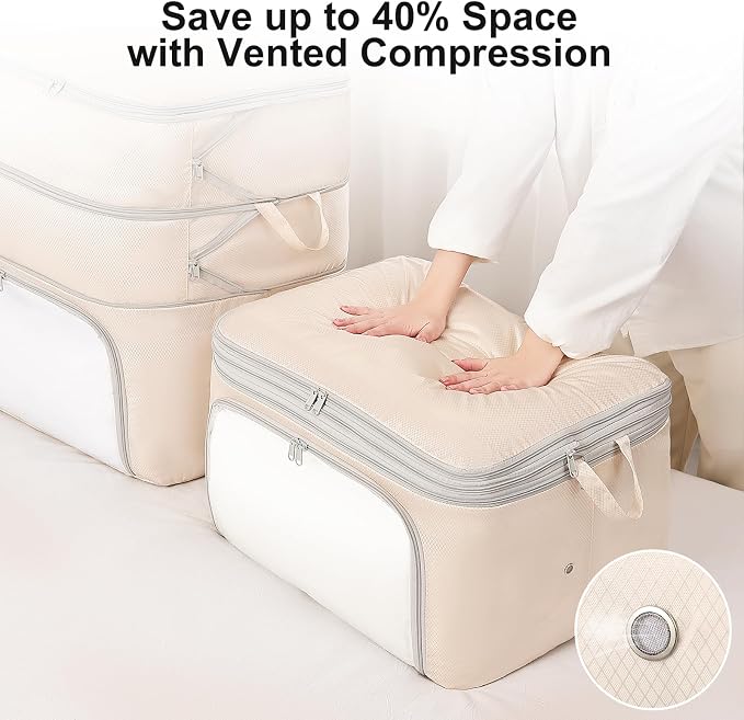 Comforter Storage Bag - 130L Blanket Storage Bags Front-opening Ultra Space Saving Self Compression Organizer, Washable Compression Bags for Storage Comforter Blanket, 1 Pack, Beige
