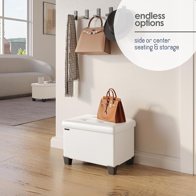 Storage Ottoman Cube with Small Bin, 16-in Square Ottoman with Storage for Living Room and Bedroom, Small Ottomans Foot Rest, Leather Foot Stools Ottomans Max 330lbs, Cream