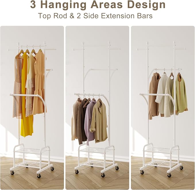 Rolling Clothes Rack with 2 Shelves, Small Metal Clothing Rack with Wheels | Gasvadivum 71" Tall Sturdy Garment Rack with 3 Hanging Rods, Freestanding Portable Coat Rack for Laundry Room, Bedroom, White