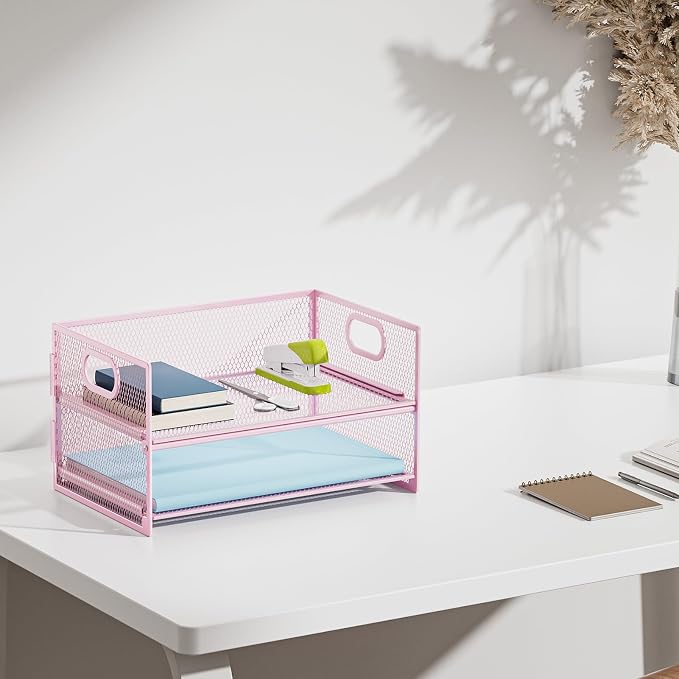 Marbrasse 2 Tier Paper Organizer Letter Tray, Mesh File Organizer with Handle, Paper Sorter Desk Organizer for Home Office Supplies - 2P Pink