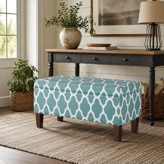 HomePop 36" Storage Ottoman Bench with Hinged Lid - Teal Geometric