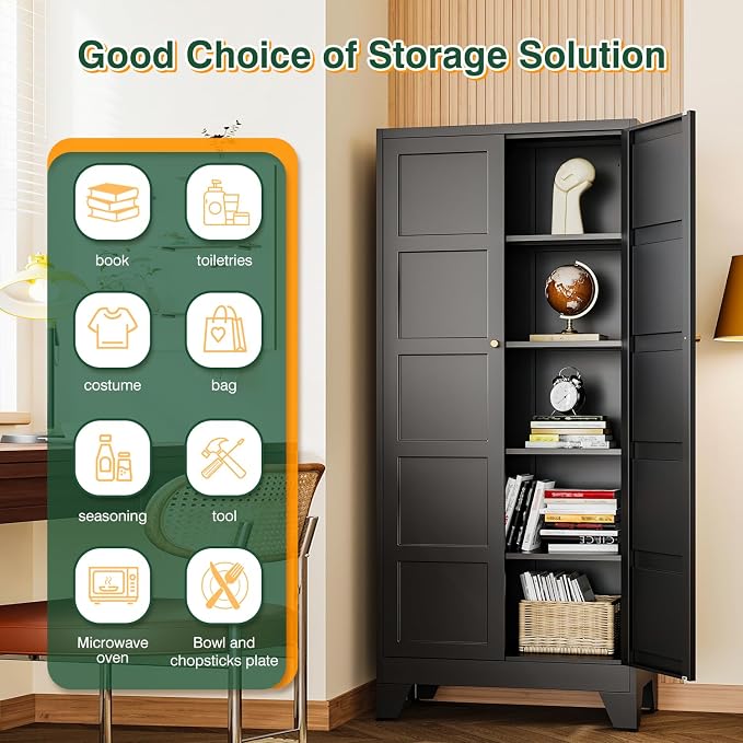 Letaya 71" H Metal Storage Cabinet with 2 Doors and 4 Shelves,Tall Kitchen Pantry Cabinets,Utility Pantry Organizers for Cupboard/Dining/Bathroom/Home Office/Garage (Black, 71" H x 16" D x 32" W)
