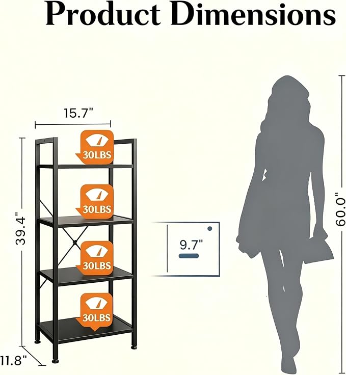 HealSmart 4 Tier Bookshelf, Free Standing Book Shelf Home Office Bookcase Shelf Storage Organizer for Bedroom, Bathroom, Living Room, Office, Balcony, Black