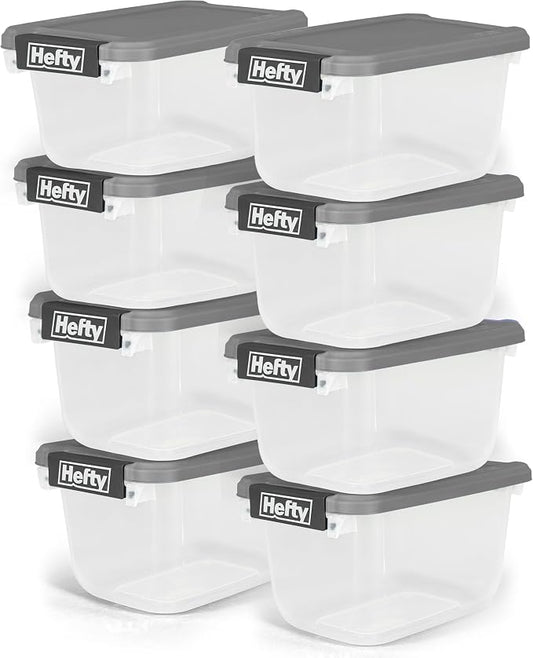 Hefty 6.5 Qt Flat-Lid Storage Bin with Lid, Stackable Plastic Storage Container, Organizer for Home, Office & Classroom, 8 Pack, Gray
