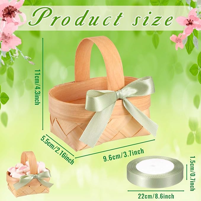 12 Pcs Mini Flower Girl Basket Mini Woven Baskets with Pearl Handles Wood Chip Flower Fruit Picnic Holder with Sage Green Ribbon Smell Gifts Bucket for Wedding Party Gifts Birthday Decoration