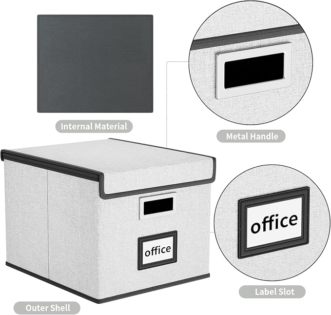 File Organizer Box with Lids, Collapsible File Folder Organizer | File Box with Plastic Slides for Office Document Storage, Filing Bin for Letter Size Hanging File Folders (1 Pack, White)