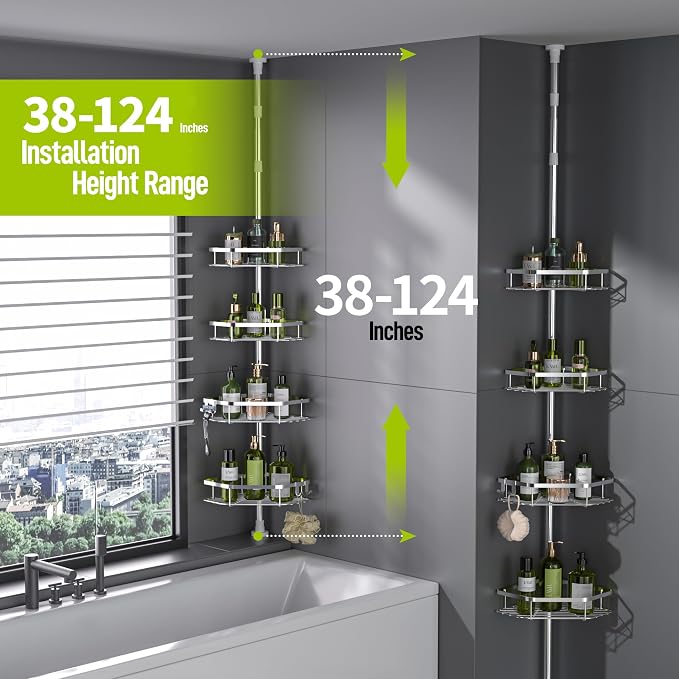 LAMU Stainless Steel Corner Shower Caddy Tension Pole,4-Tier Storage,Silver | Fits 37.8-124 in Heights, No Drilling, Strong Spring, 3 Adhesive Pads, 4 Hooks for Corner Shower Shelves, Bathroom & Bathtub