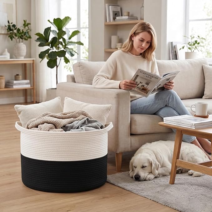 90L Extra Large Blanket Basket,Woven Laundry Basket-White&Black | Collapsible, reinforced handles, nursery storage bin organizes clothes, toys and pillows for living room, bedroom bathroom