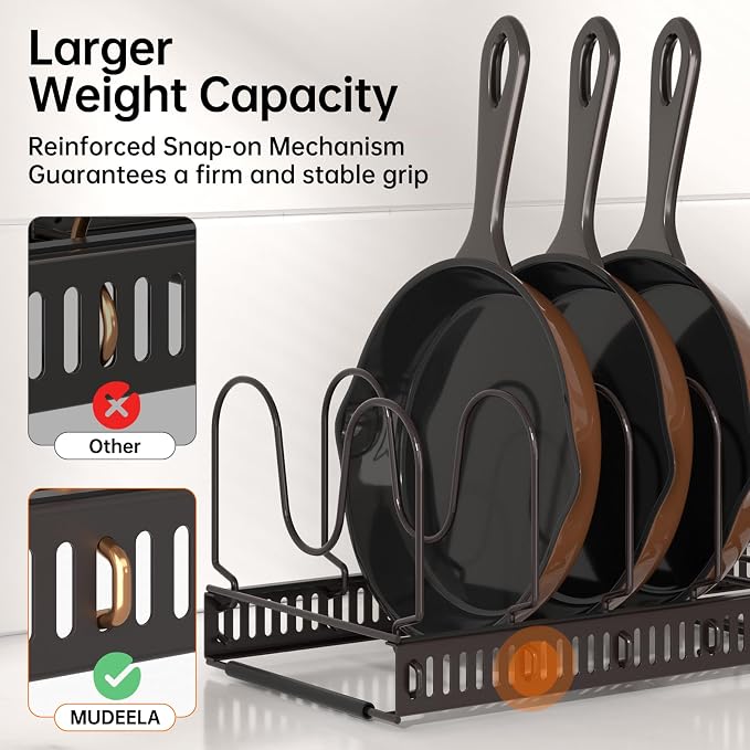 MUDEELA Expandable Pot Pan Lid Organizers inside Cabinet, 10 Divider-Bronze | Expandable 11.8–22.9", 10 Adjustable Divider, Tool-Free Assembly, Non-Slip, Scratch-Proof, For Pan Lid Cutting Board Bakeware