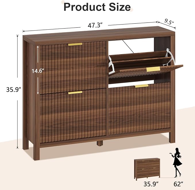 47" Fluted Shoe Cabinet Stoarge with 4 Flip Drawers for Entryway, Hallway | Hidden Shoe Rack Slim Freestanding Shoe Organizer with Legs for Hallway, Living Room, Walnut