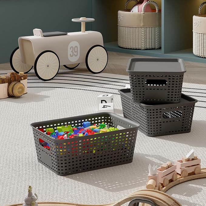 Resze 6 Pack Plastic Breathable Storage Baskets with Lids, Gray | Organizer Bins& Containers for Pantry, Desktops, Cabinet, Closet, Offices Organization Toys, Space Saving, Easy-Carry Handles