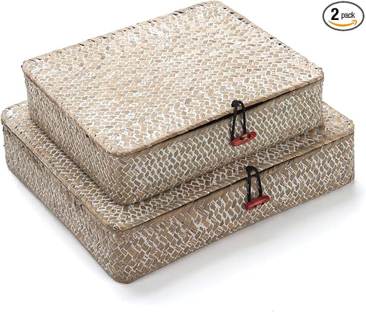 Seagrass Storage Baskets with Lids, Flat Wicker Basket, Shallow Woven Basket for Shelf, Decorative Storage Boxes for Organizing (Whitewash)