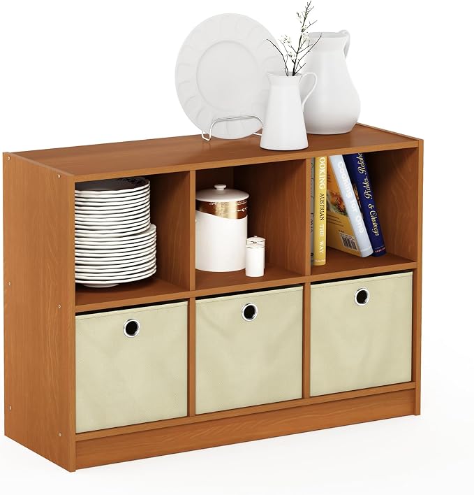Furinno Basic 3x2 Bookcase Storage w/Bins, Light Cherry/Ivory
