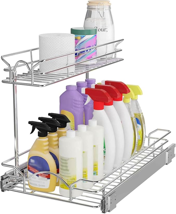 OCG Under Sink Cabinet Organizer Two Tier Pull Out Shelf (14.75W x 21D), Under Sink Sliding Shelf for Kitchen Bathroom Cabinet 2 Tier Chrome