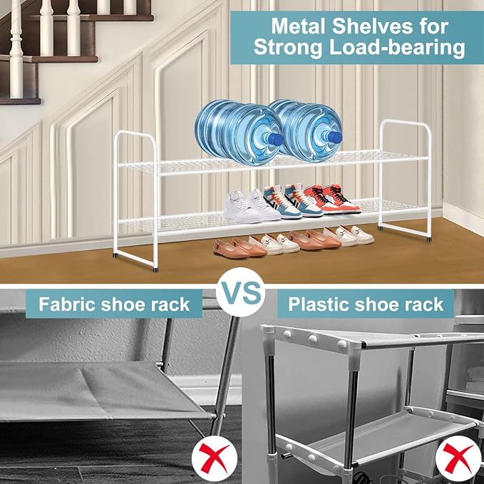 AOODA Long 2 Tier Shoe Rack for Closet Metal Wide Stackable Shoe Storage Organizer for Entryway, Bedroom, Floor, 18-Pairs Low Sneaker Shelf, White