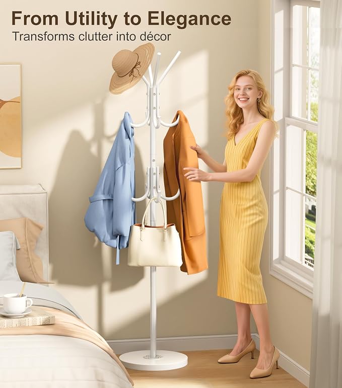MISSLO Heavy Duty Coat Rack Freestanding with Stable Wood Base Modern Coat Tree with 12 Hooks Adjustable Coats Hanger Stand Stylish Standing Clothes Tree for Entryway Bedroom Corner Hall (White)
