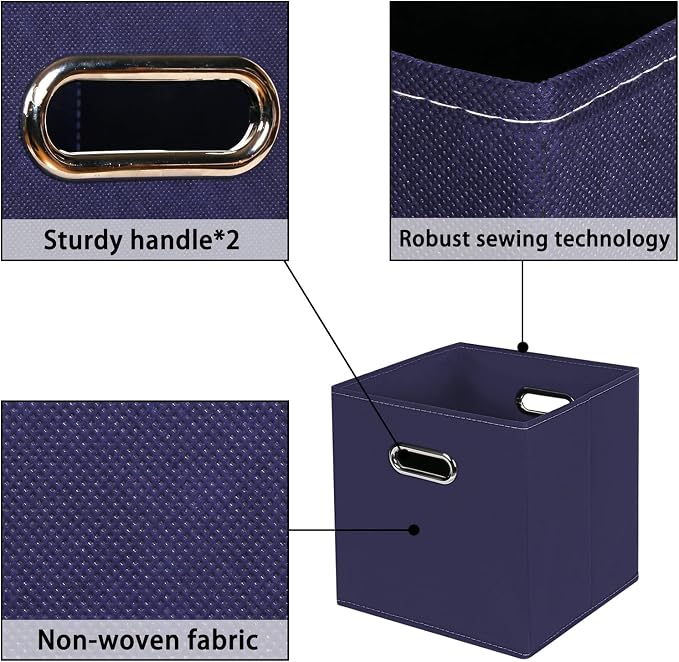 Navy Blue Fabric Storage Bins, Set of 3, 11x11x11, Foldable Cube Bins for Cloth or Accessory Storage