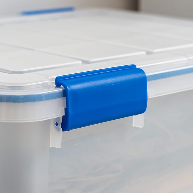 IRIS USA 3-Pack 26.5 Qt Storage Bins with Gasket Lids, Clear/Blue | WeatherPro seal protects everyday essentials in closets, offices and laundry rooms