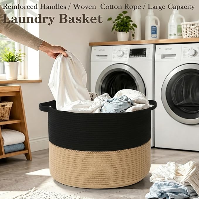 65L Large Blanket Basket,Woven Laundry Basket-Black&Camel | Collapsible, reinforced handles, nursery storage bin organizes clothes, toys and pillows for living room, bedroom bathroom