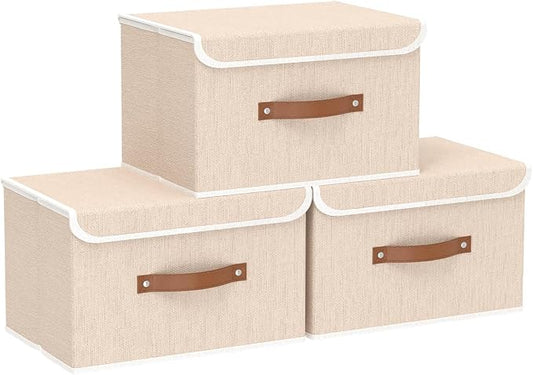 Yawinhe Collapsible Storage Boxes,Beige,10.2x7.9x6.7in,3-Pack | Fabric Storage bin with Lids, Washable Cube Organizer Basket; Container with Leather Handle,Closet Organizer for Home