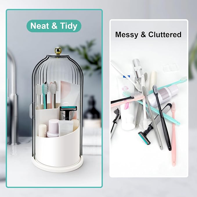 QIYVLOS Toothbrush Holders with Sliding Lid, Rotating 3 Slots Bathroom Organizer Countertop, Tooth Brush Toothpaste Holder Bathroom Counter Stand Sink Organizer Caddy for Vanity Makeup Brushes Holder