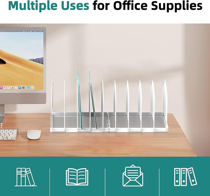 SUPEASY 9-Section File Organizer for Desk, Metal File Folder Holder, White | 9 Vertical Compartments with Sturdy Metal Base for Office Documents Books Magazines and Laptop