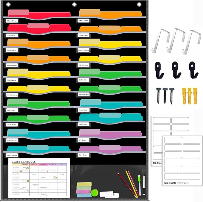 22 Pockets Hanging Wall File Organizer for Legal/ Letter Size Paper, Over the Door Organizer, 31¾" x 45½" Pocket Chart for Classroom, Office, Warehouse, Home Use with 24 Name Tags & 6 Hooks