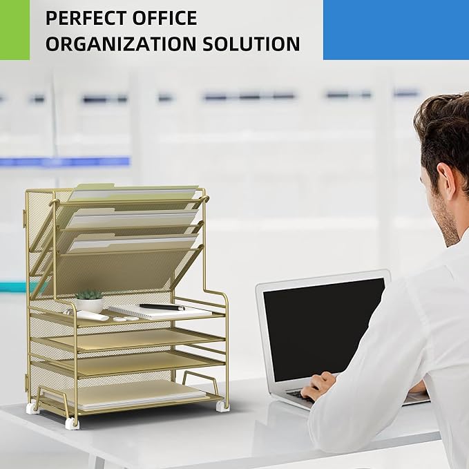 MINDEPOT 4-Tier Paper Organizer + 3-Pocket File Holder + Drawer + Pen Holders, Desktop File Organizers Paper Tray for Office Supplies School Classroom Organization (Gold, with Drawer & Pen Holder)
