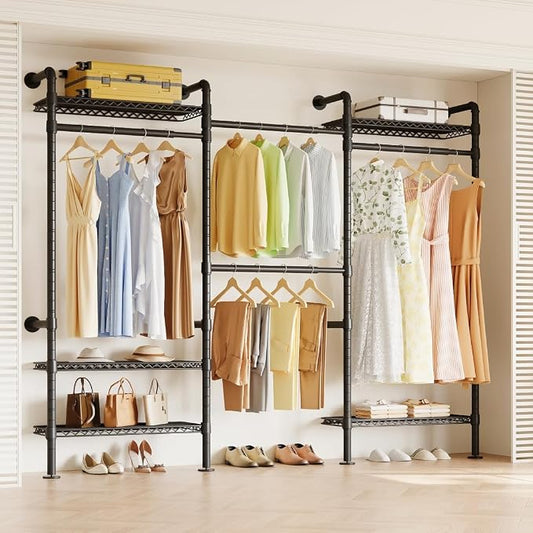 Higeego W3 Wall Mounted Clothes Rack, Industrial Pipe Clothing Rack, Black | Closet Rack Wall Mounted, Expandable Hanger Rods, Adjustable Closet Shelving, Heavy Duty Clothes Rack, Closet Organizer