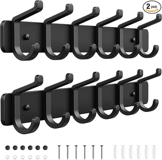pickpiff Coat Rack Wall Mounted Heavy-Duty: Metal Coat Hanger 6 Hooks for Hanging Hat, Clothes, Robe, Keys, Backpack, Bathroom Towels, Jacket, Purse - Closet, Door, Entryway, Mudroom (Black, 2 Pack)