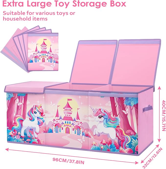 Large Toy Box Collapsible Chest Organizer with Flip Lid for Kids | Oxford Storage Box with Handle for Boy Girl Sturdy Waterproof Organizing Decor for Bedroom Playroom Nursery 37.7×12.5×15.7''